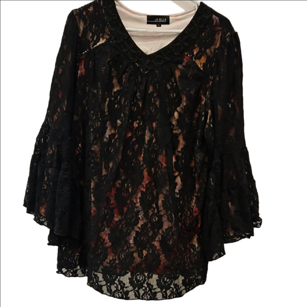LA BELLA Top Lace Black Velour Underlay Gothic Flared sleeves Punk Loose F